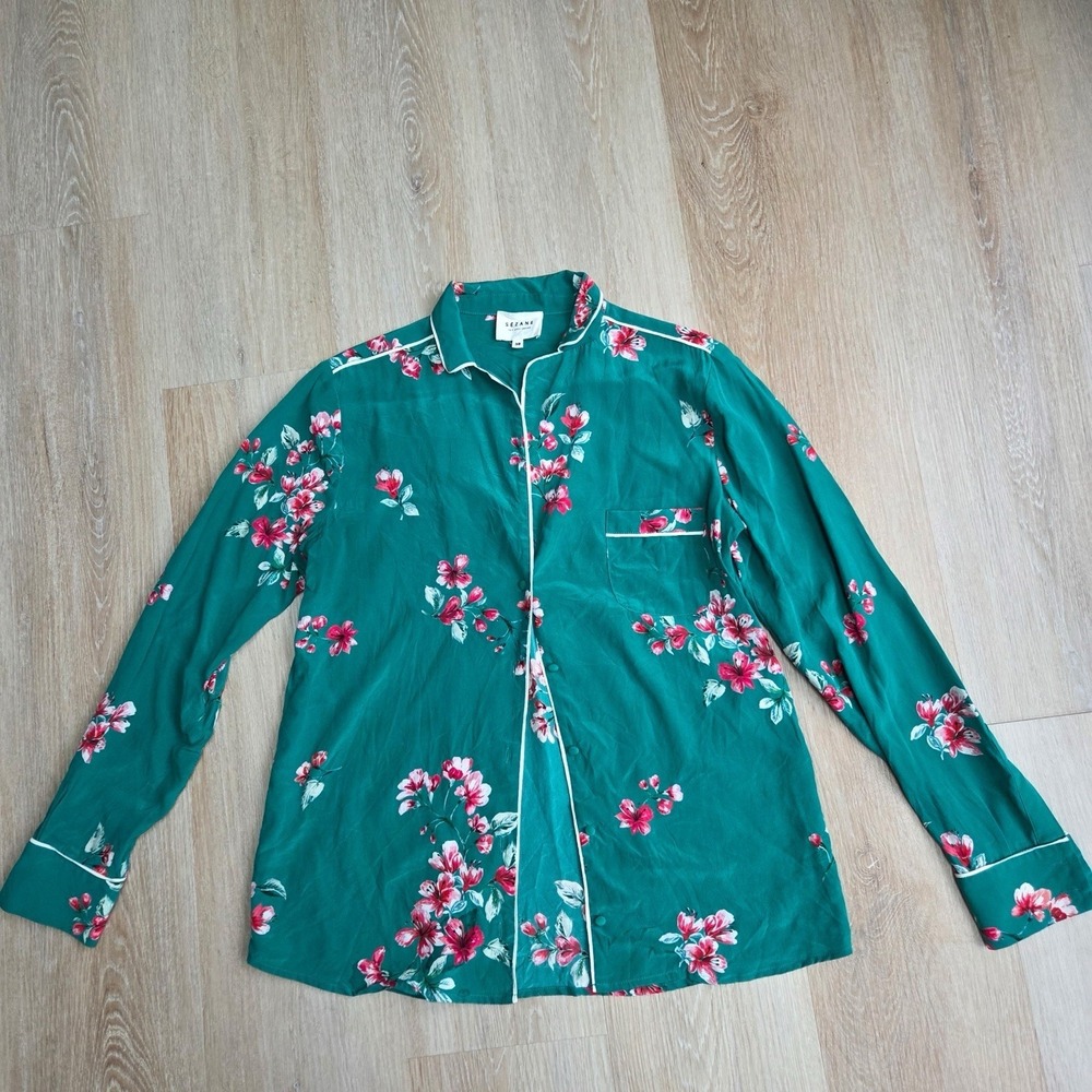 SEZANE Silk Pierro Shirt Emerald Green Floral Blouse  Size FR 38 / US 6